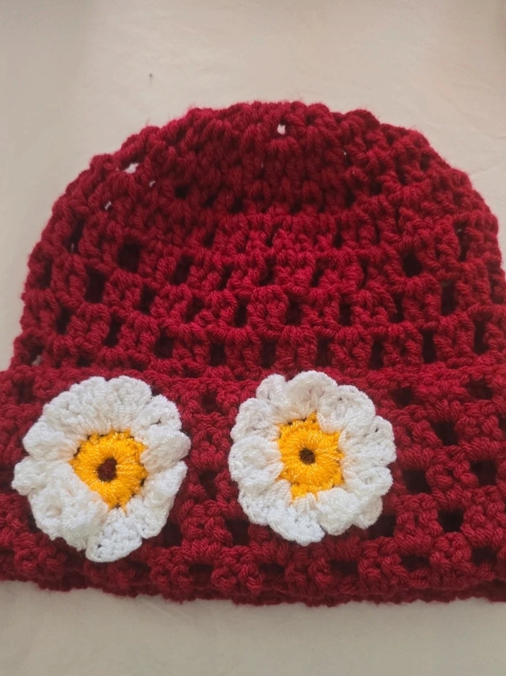 Handmade Kids Crochet Beanie - Red with White & Yellow Flower Accents